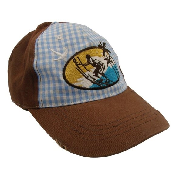 Surfer Logo Blue Checker Brown Hat Beach Island Ocean Surf Sun Distressed OSFM - Picture 1 of 12